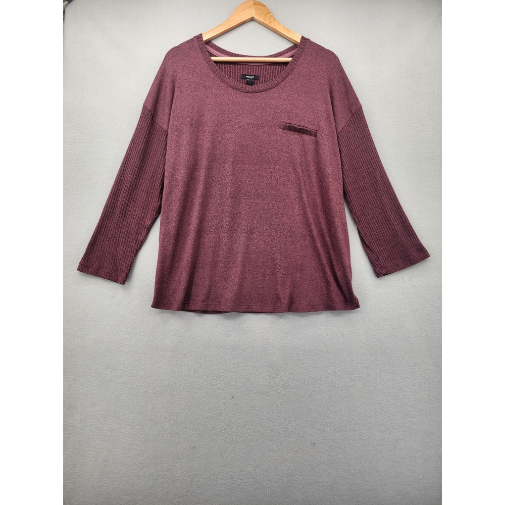 Midnight Burgundy Heathered Ribbed Sleeve Top XL Faux Pocket Scoop Neck Knit L/S